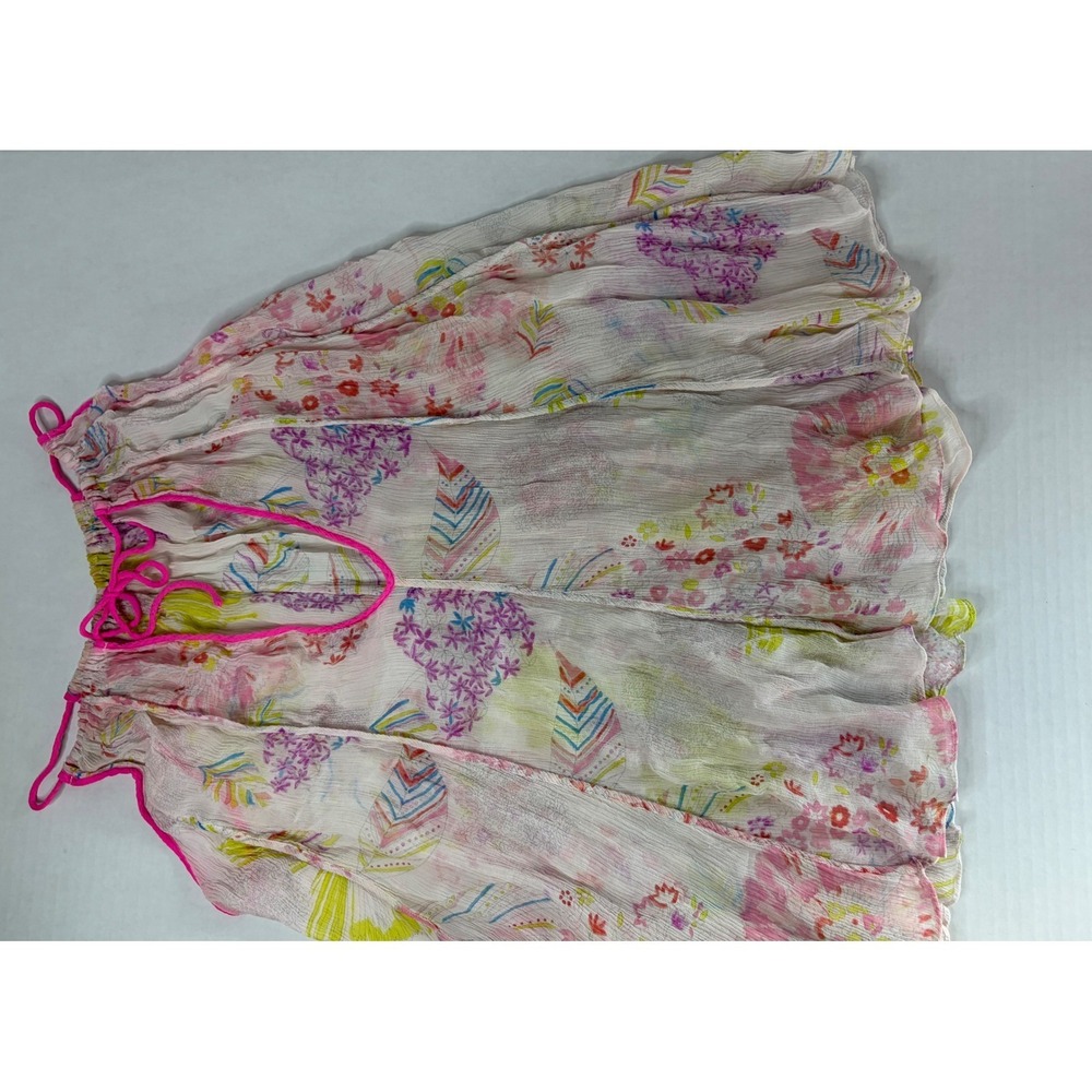 100% Silk Floral Camisole Tank Top Pink Piping Keyhole Tie Sheer Multi Color - Picture 7 of 11